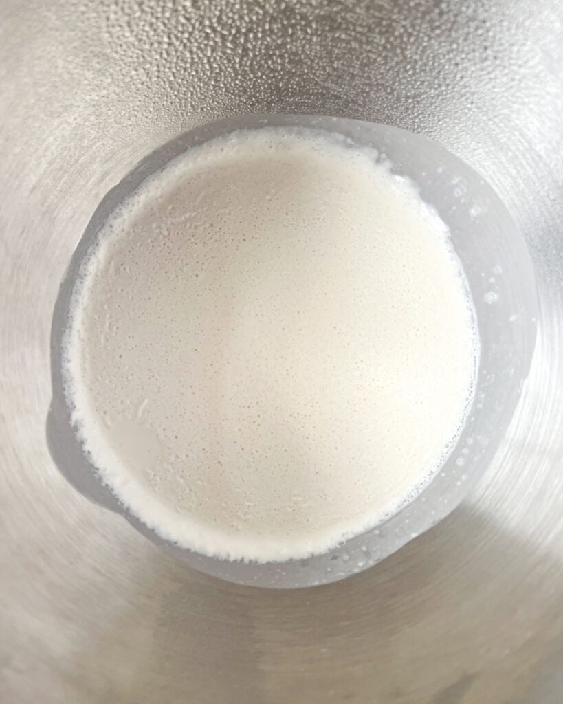 Blended oat milk and coconut oil in a steel bowl.