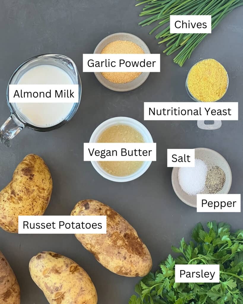 Almond milk mashed potato ingredients laid out individually with labels.