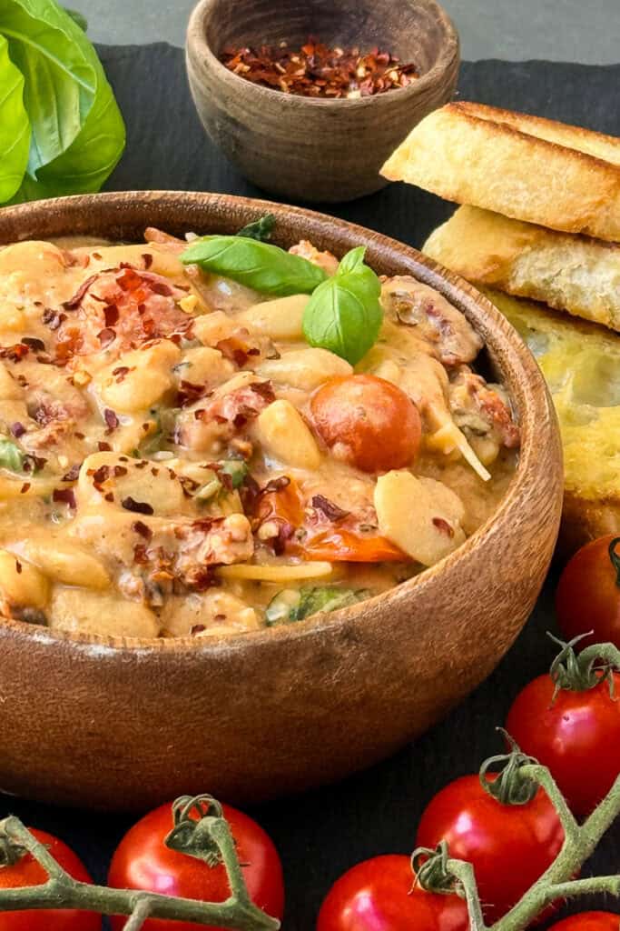 Marry me butter beans in a wooden serving bowl.